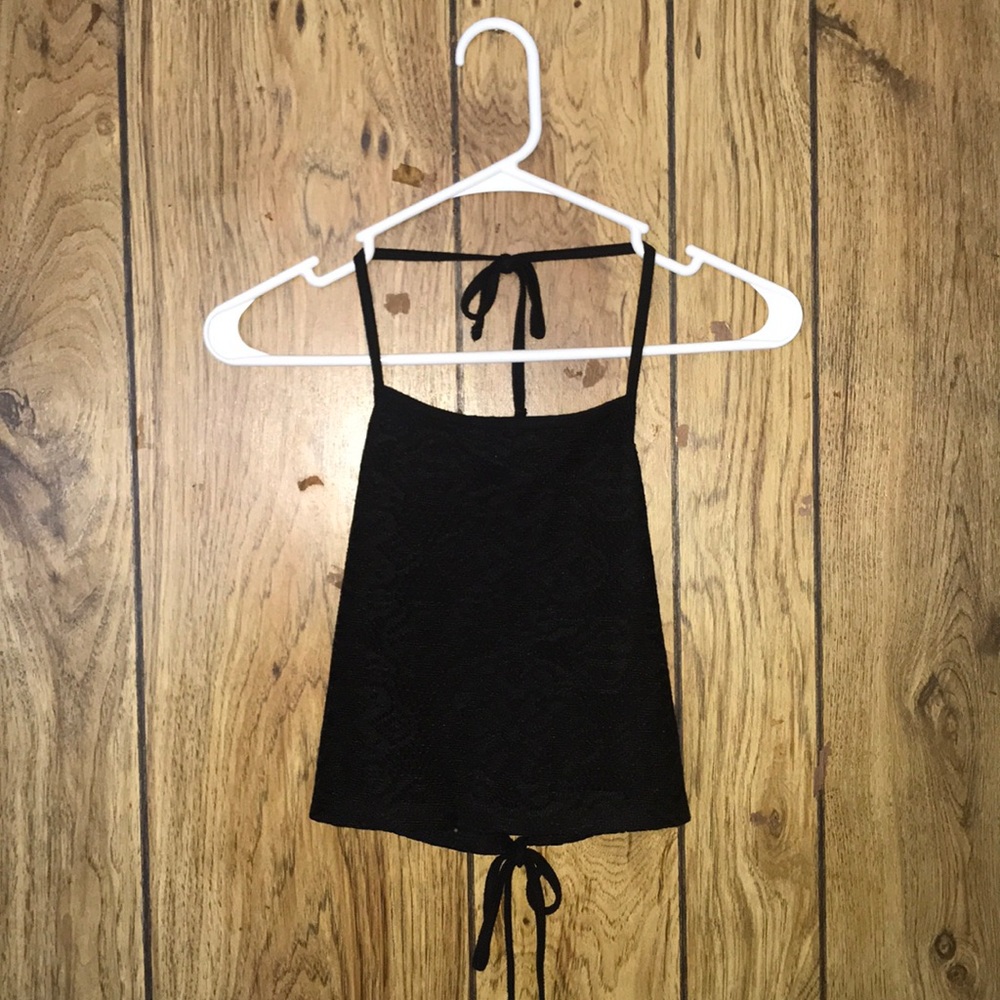 Black lace backless halter crop top